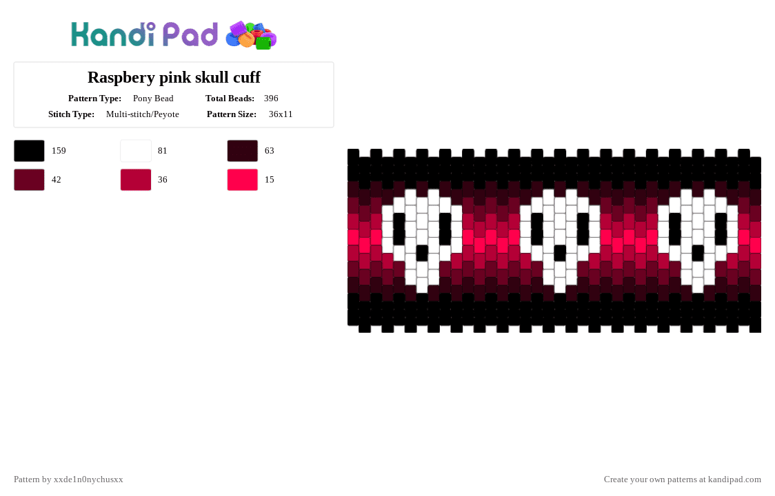 Raspbery pink skull cuff - Pony Bead Pattern by jougennotsuki on Kandi Pad - red,brown,pink,black,raspberry,skull,emo,alt,goth,scene