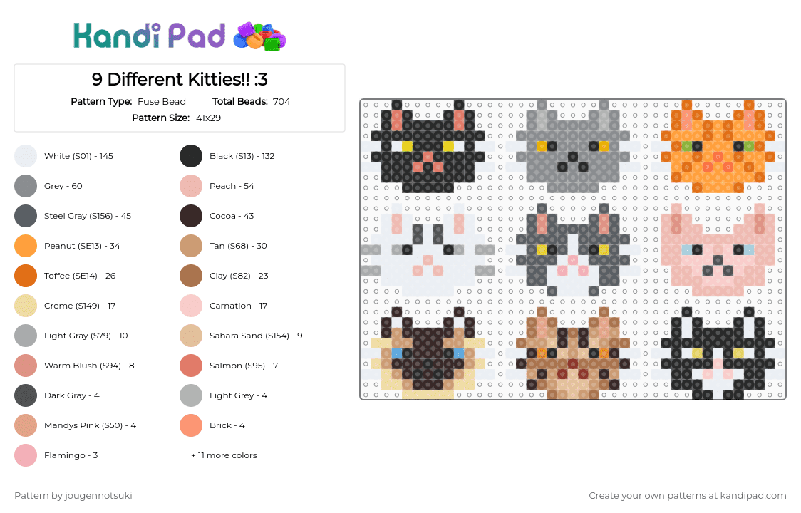 9 Different Kitties!! :3 - Fuse Bead Pattern by jougennotsuki on Kandi Pad - orange,gray,beige,brown,cat,kitty,kitten,meow,cute,animal,pet
