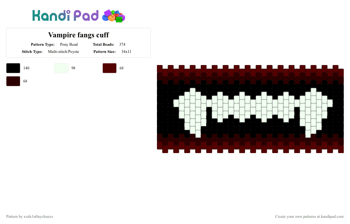 Vampire fangs cuff - Pony Bead Pattern by jougennotsuki on Kandi Pad - brown,white,vampire,fangs,red,black,goth,alt,emo,scene