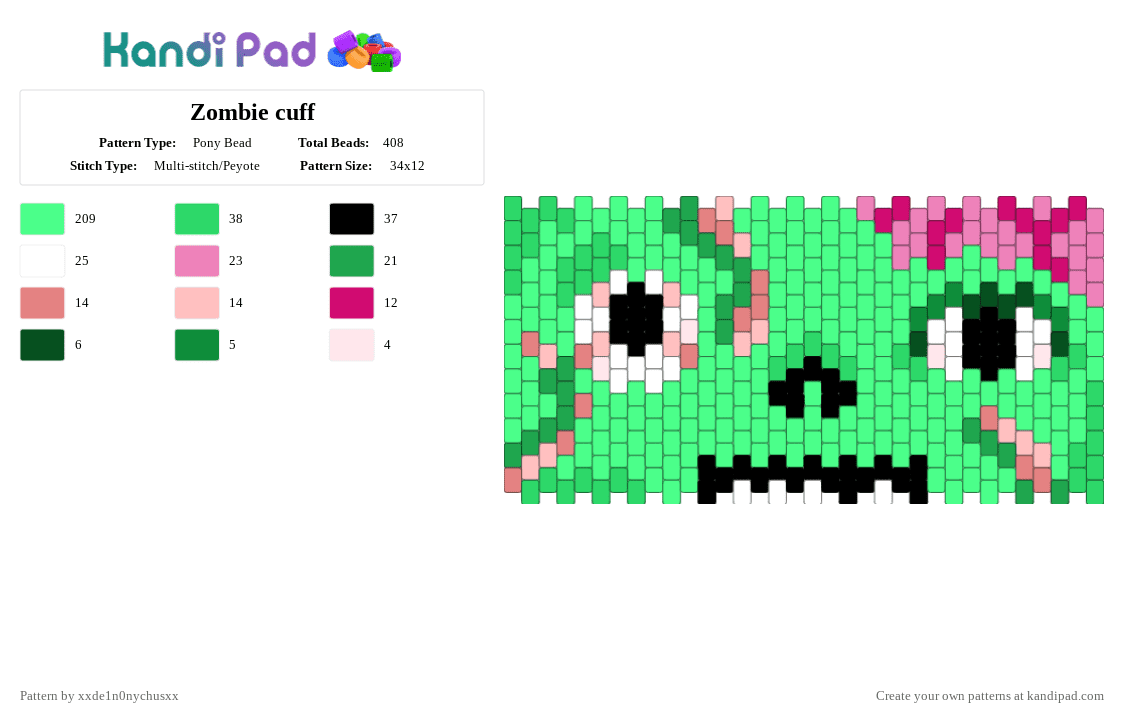 Zombie cuff - Pony Bead Pattern by jougennotsuki on Kandi Pad - teal,zombie,horror,spooky,alt,goth,emo,scene,halloween