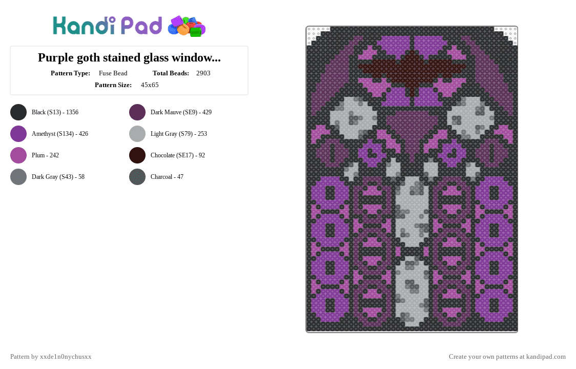 Purple goth stained glass window perler - Fuse Bead Pattern by jougennotsuki on Kandi Pad - pink,window,goth,creepy,halloween,bat,moon,purple,cotdstainedglass