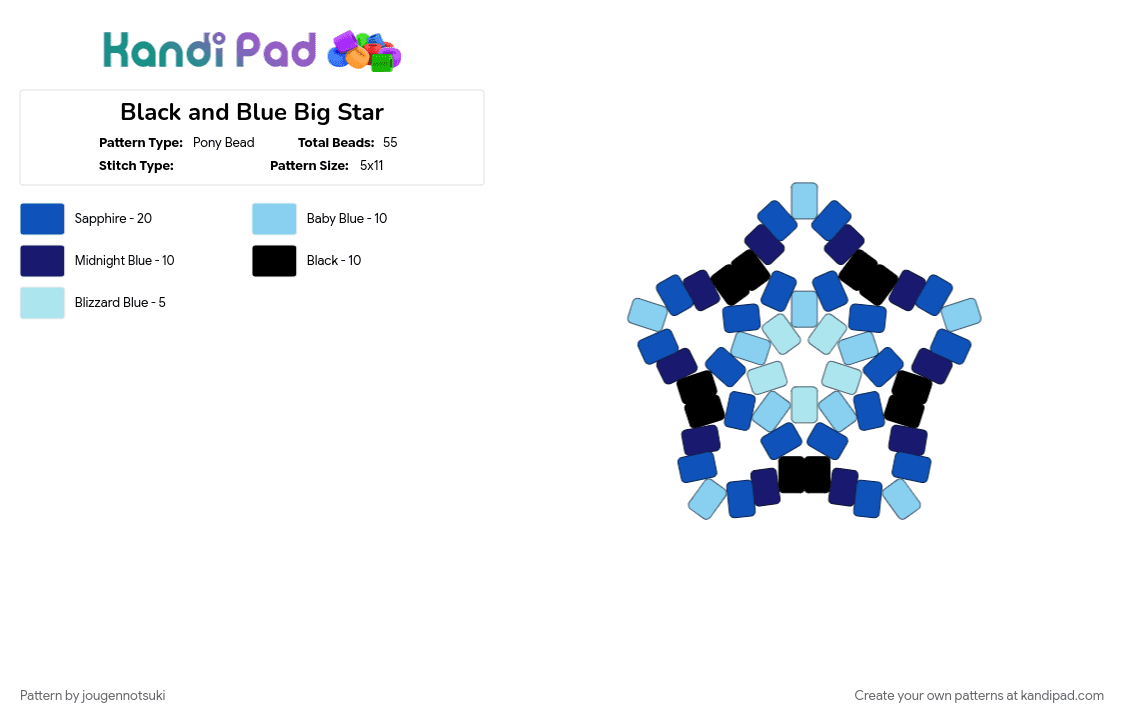 Black and Blue Big Star - Pony Bead Pattern by jougennotsuki on Kandi Pad - blue, light blue, star