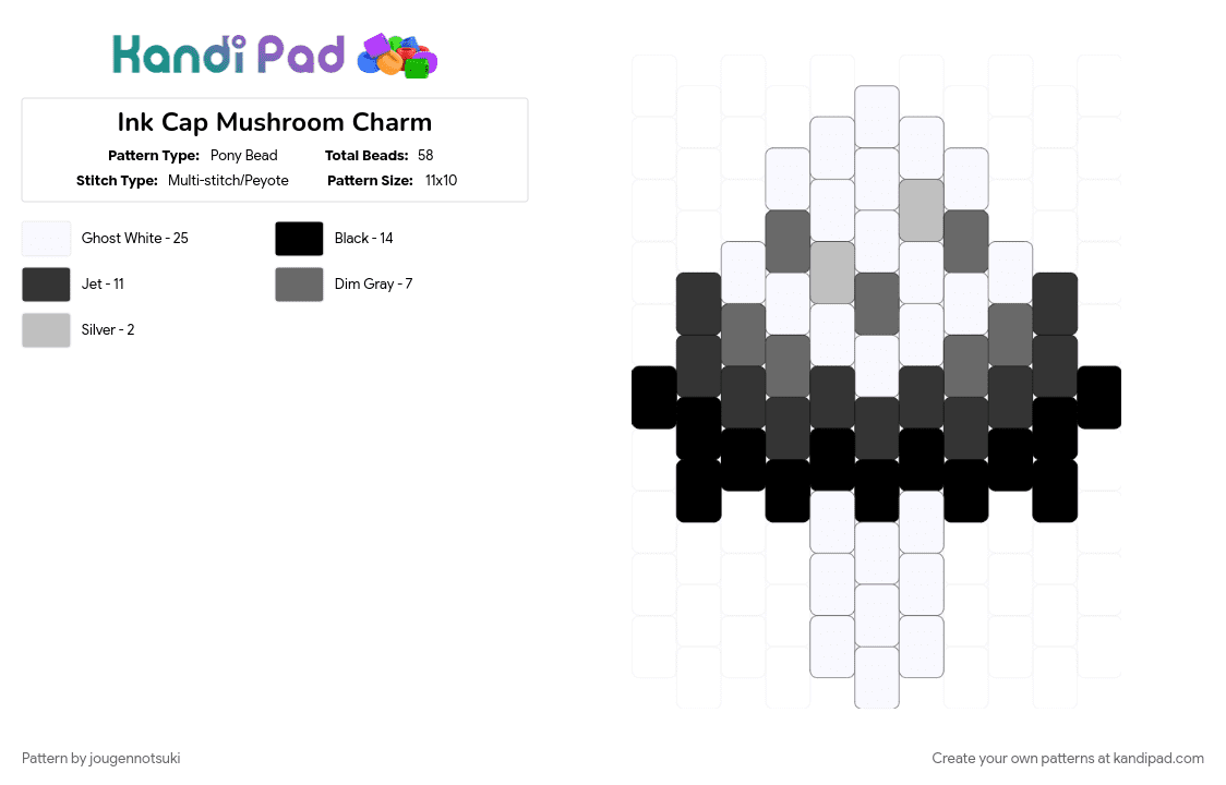 Ink Cap Mushroom Charm - Pony Bead Pattern by jougennotsuki on Kandi Pad - fungi, gray, ink cap, mushroom, nature, spooky, white