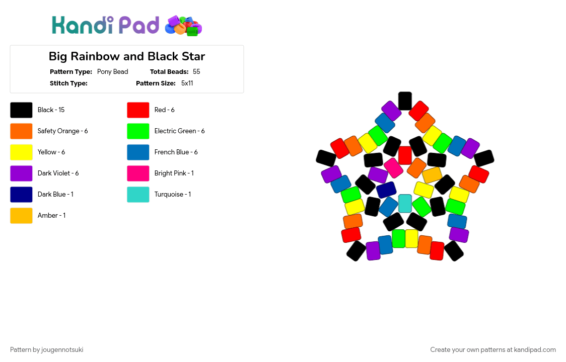 Big Rainbow and Black Star - Pony Bead Pattern by jougennotsuki on Kandi Pad - colorful, orange, purple, rainbow, scene, scenecore, star, yellow