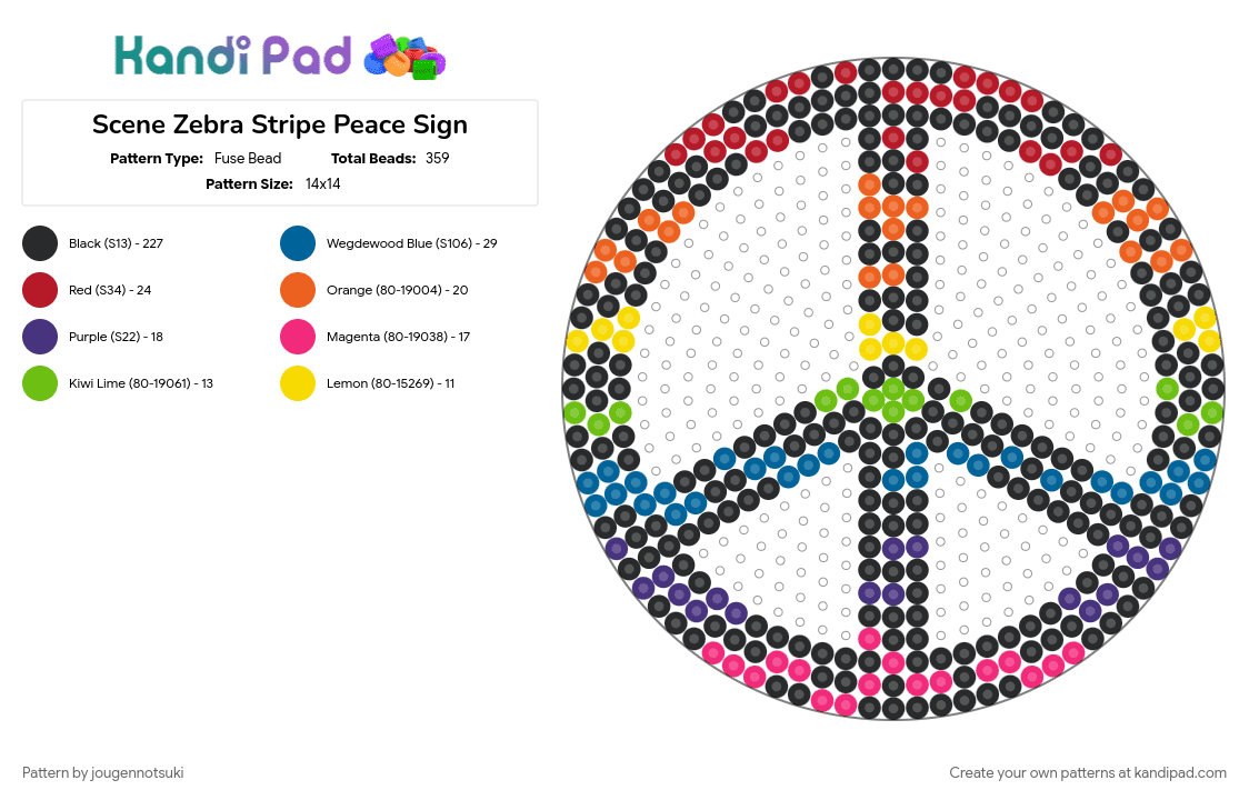 Scene Zebra Stripe Peace Sign - Fuse Bead Pattern by jougennotsuki on Kandi Pad - black, blue, colorful, peace, peace sign, pink, rainbow, red, scene, scenecore, zebra stripe