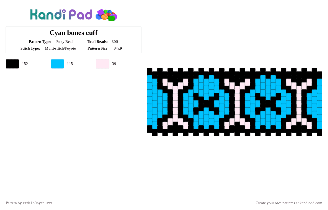 Cyan bones cuff - Pony Bead Pattern by jougennotsuki on Kandi Pad - light blue,scene,cyan,bones,skeleton,alt,emo,neon