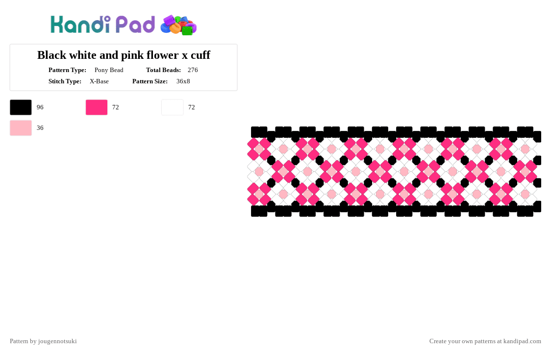 Black white and pink flower x cuff - Pony Bead Pattern by jougennotsuki on Kandi Pad - pink,white,black,kawaii,pastelgoth,alt,flower,floral