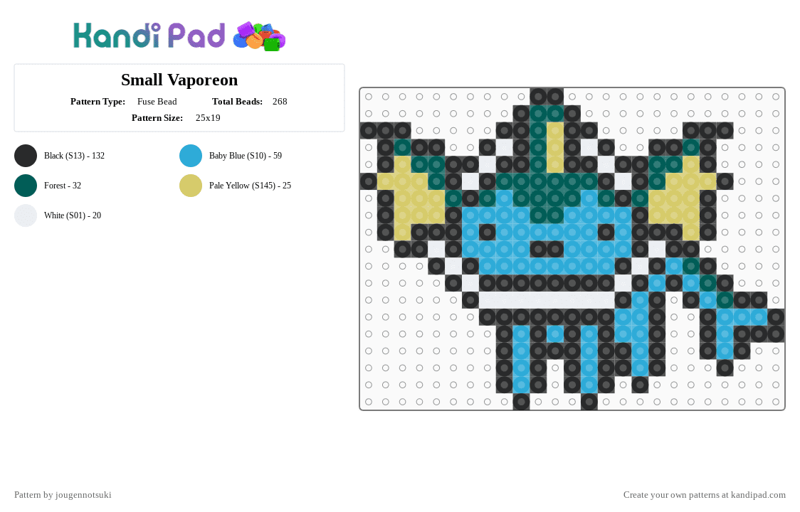 Small Vaporeon - Fuse Bead Pattern by jougennotsuki on Kandi Pad - black, cute, eeveelution, light blue, pokemon, vaporeon, video game