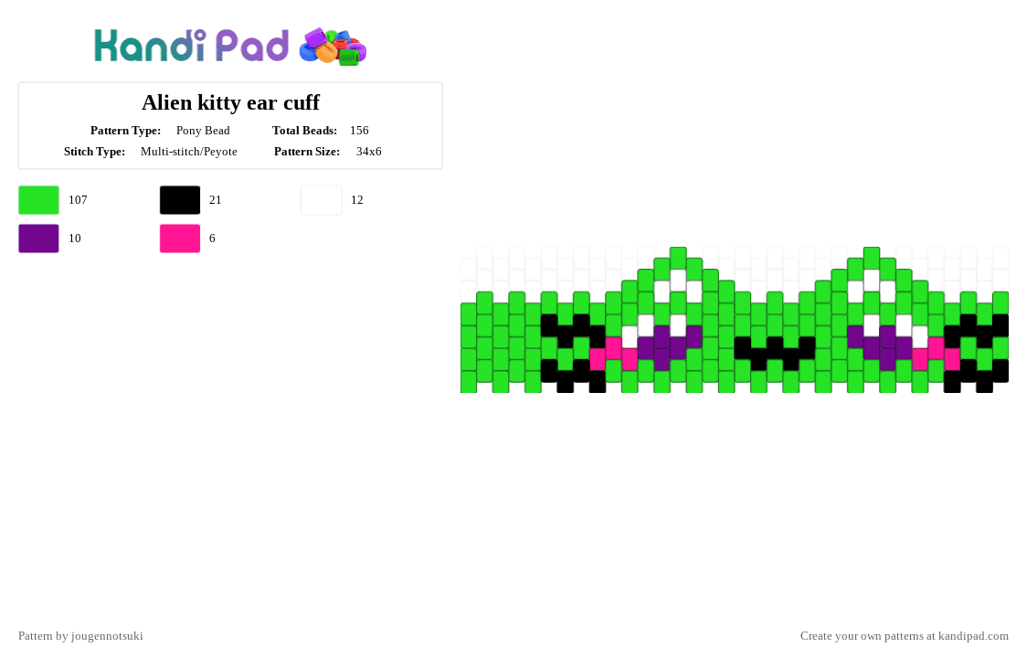 Alien kitty ear cuff - Pony Bead Pattern by jougennotsuki on Kandi Pad - green,alien,kitty,cat,animal,cute,kawaii,outerspace