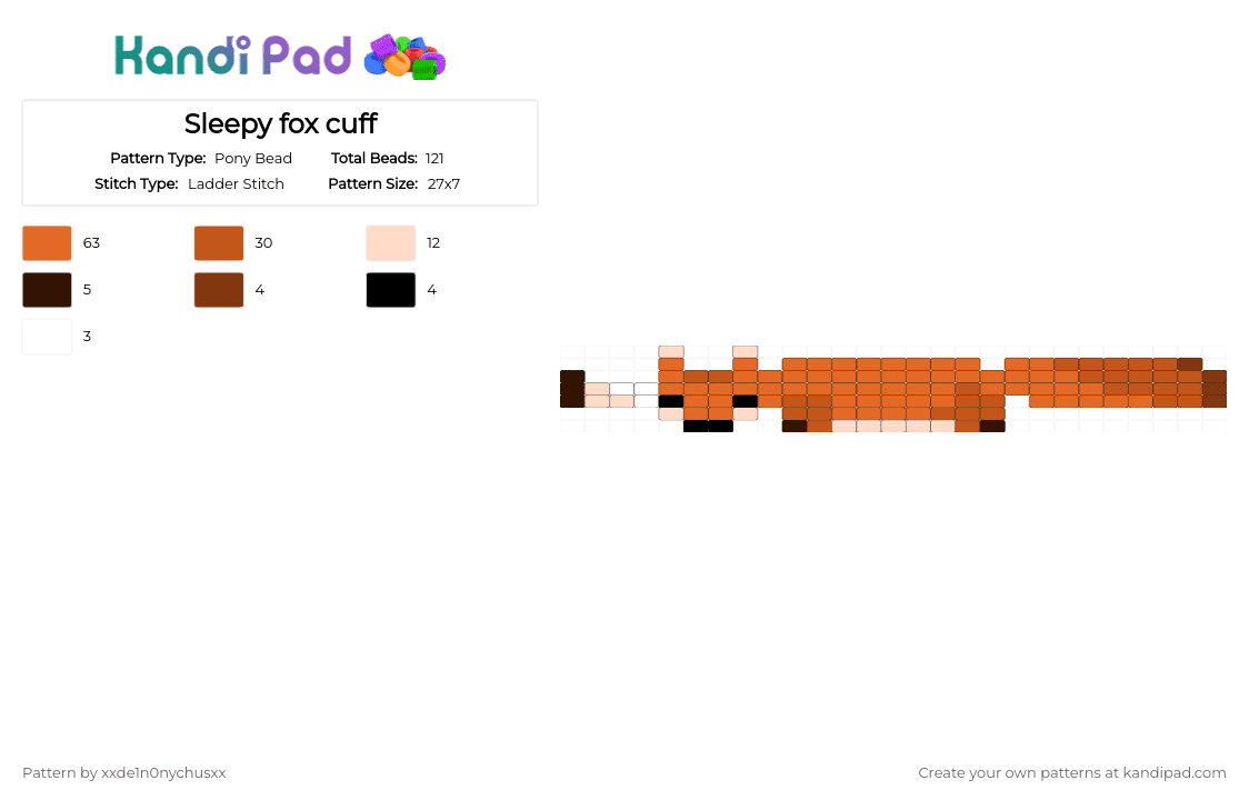 Sleepy fox cuff - Pony Bead Pattern by jougennotsuki on Kandi Pad - red,orange,cotdforestcreatures,fox,cute,animal,nature