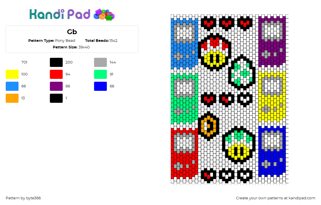 Gb - Pony Bead Pattern by byte366 on Kandi Pad - gameboy,nintendo,mario,mushrooms,classic,hearts,panel,colorful