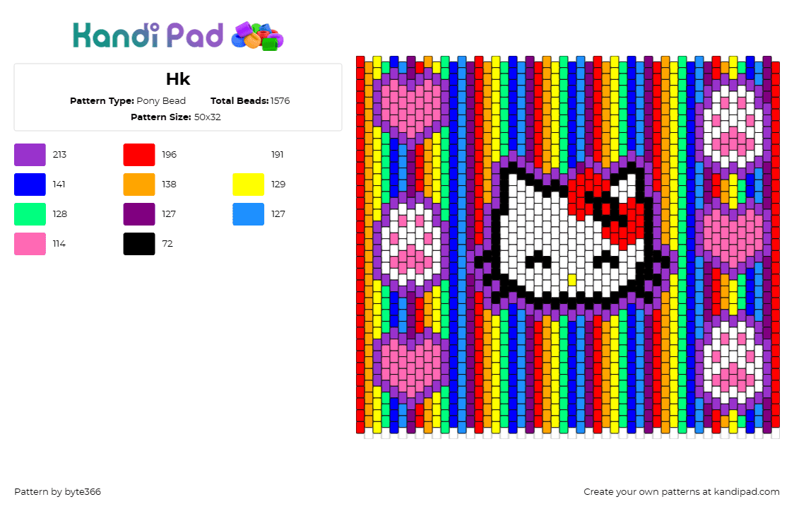 Hk - Pony Bead Pattern by byte366 on Kandi Pad - hello kitty,paw prints,sanrio,hearts,rainbow,stripes,panel,kawaii,white,red,purp