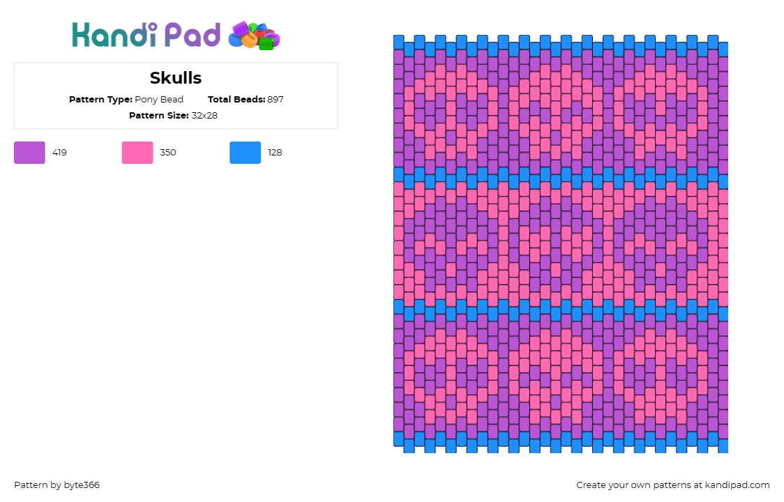 Skulls - Pony Bead Pattern by byte366 on Kandi Pad - skulls,tapestry,repeating,panel,spooky,halloween,pink,purple