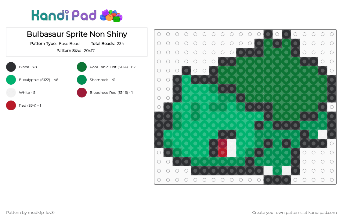 Bulbasaur Sprite Non Shiny - Fuse Bead Pattern by mudk1p_lov3r on Kandi Pad - green