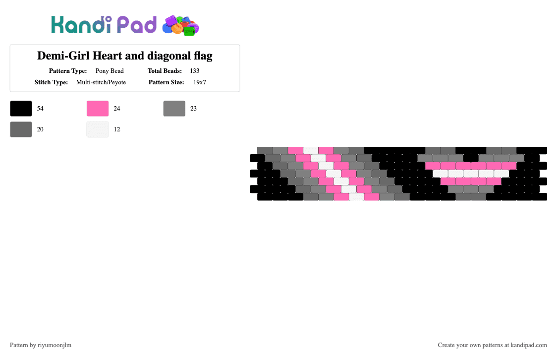 Demi-Girl Heart and diagonal flag - Pony Bead Pattern by riyumoonjlm on Kandi Pad - gray,pink,pride,demigirl