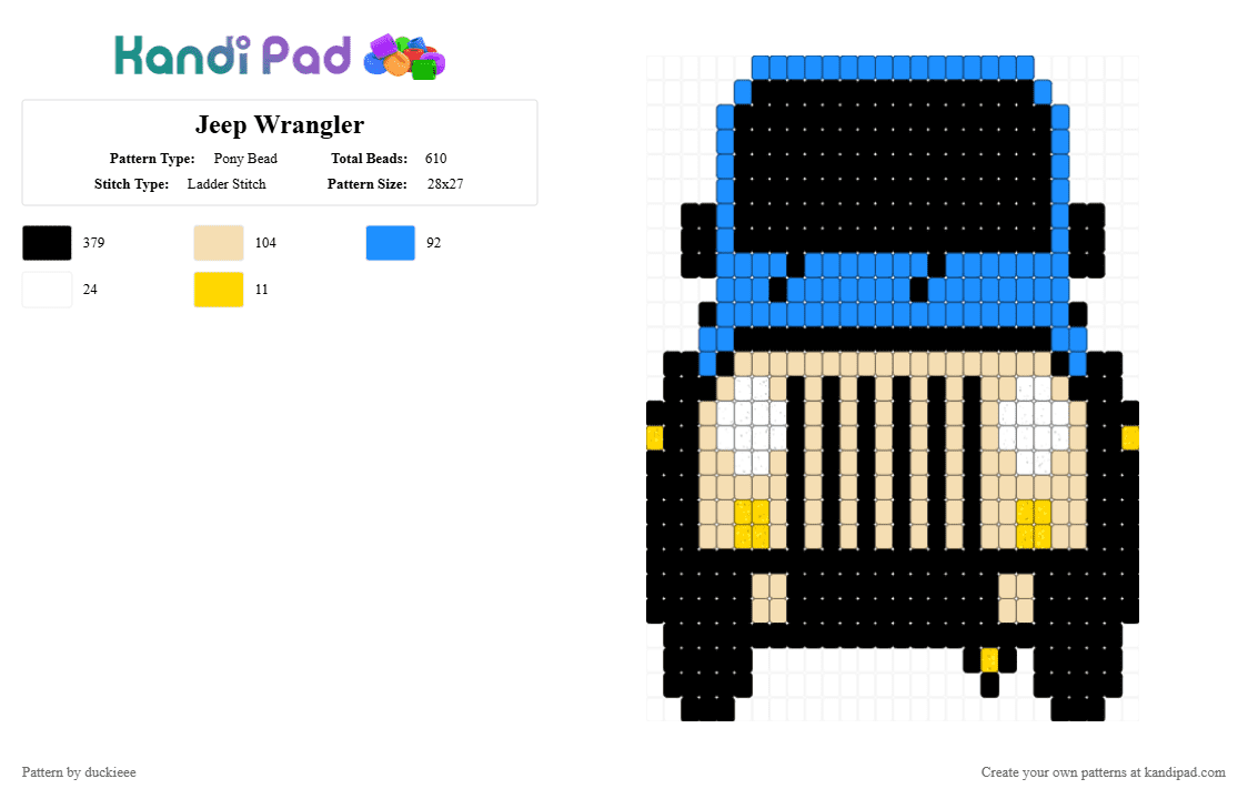Jeep Wrangler - Pony Bead Pattern by duckieee on Kandi Pad - black,light blue,beige,jeep,vehicle,car,machine,cool,viral,blue,transportation