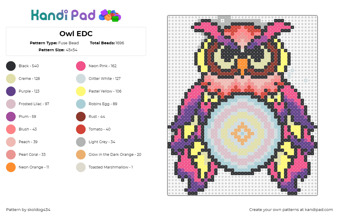 Owl EDC - Fuse Bead Pattern by skoldog434 on Kandi Pad - owl,edc,festival,colorful,music,edm,electric daisy carnival,feathers,bird,purple