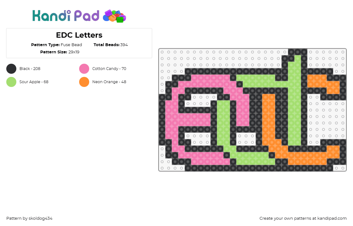 EDC Letters - Fuse Bead Pattern by skoldog434 on Kandi Pad - edc,festival,music,logo,text,rave,linked,pink,green,orange