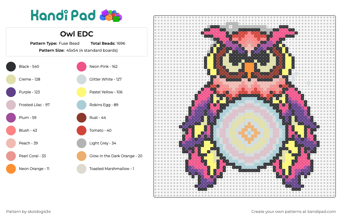Owl EDC - Fuse Bead Pattern by skoldog434 on Kandi Pad - owl,edc,festival,colorful,music,edm,electric daisy carnival,feathers,bird,purple,yellow