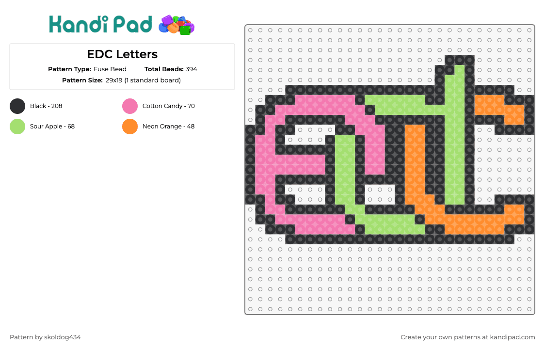 EDC Letters - Fuse Bead Pattern by skoldog434 on Kandi Pad - edc,festival,music,logo,text,rave,linked,pink,green,orange