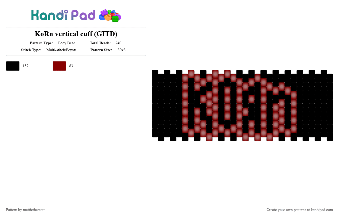 KoRn vertical cuff (GITD) - Pony Bead Pattern by marceyyzz on Kandi Pad - black,red,korn,metal,grunge,emo,johnathan davis