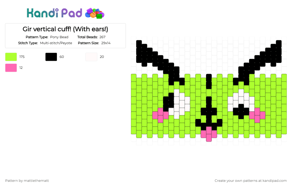 Gir vertical cuff! (With ears!) - Pony Bead Pattern by marceyyzz on Kandi Pad - green,invader zim,gir,vertical cuff,vertical
