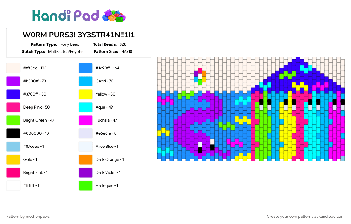 W0RM PURS3! 3Y3STR41N!!1!1 - Pony Bead Pattern by mothonpaws on Kandi Pad - alt, colorful, eyestrain, kidcore, light blue, pink, purple, rainbow, scenecore, squirmle, worm
