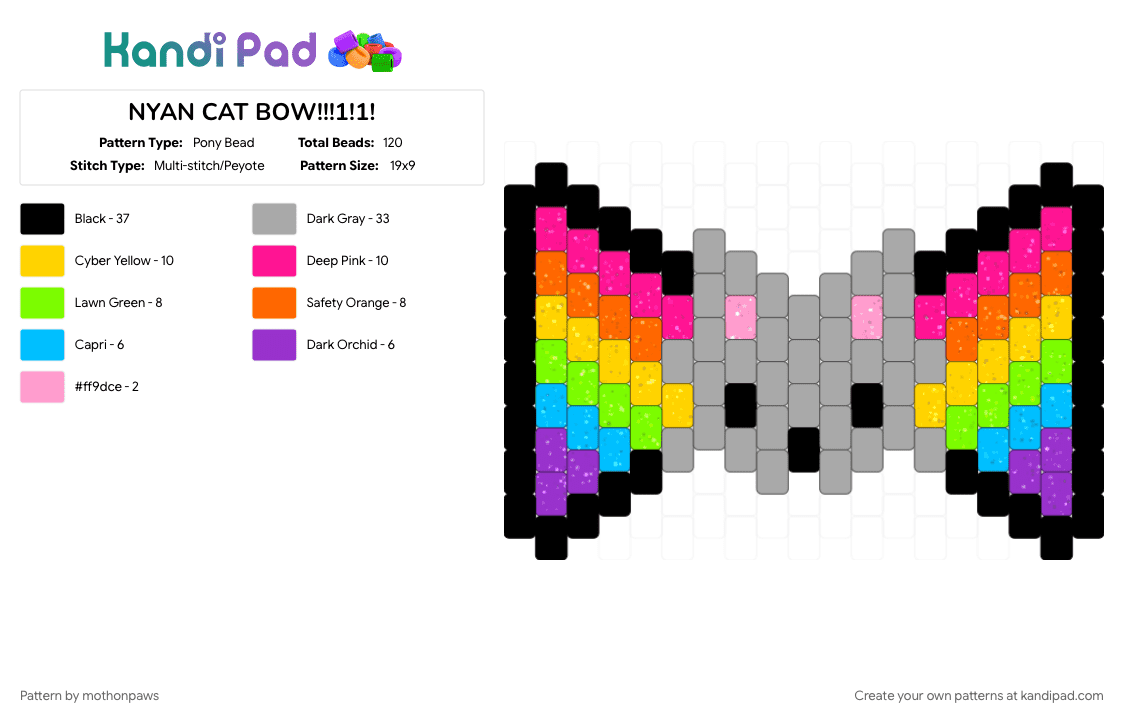 NYAN CAT BOW!!!1!1! - Pony Bead Pattern by mothonpaws on Kandi Pad - beige, bow, bowtie, hairclip, nyan cat, pink, rainbow, remix