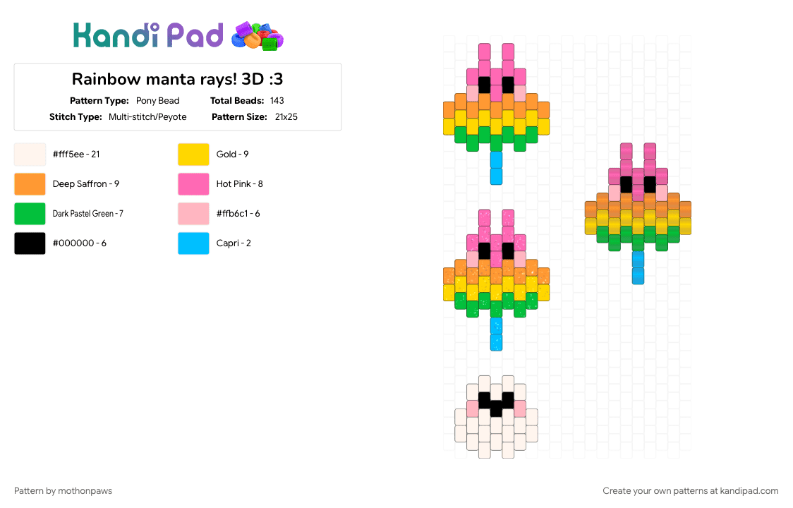 Rainbow manta rays! 3D :3 - Pony Bead Pattern by mothonpaws on Kandi Pad - 3d, animal, fish, green, manta ray, orange, pink, rainbow, yellow