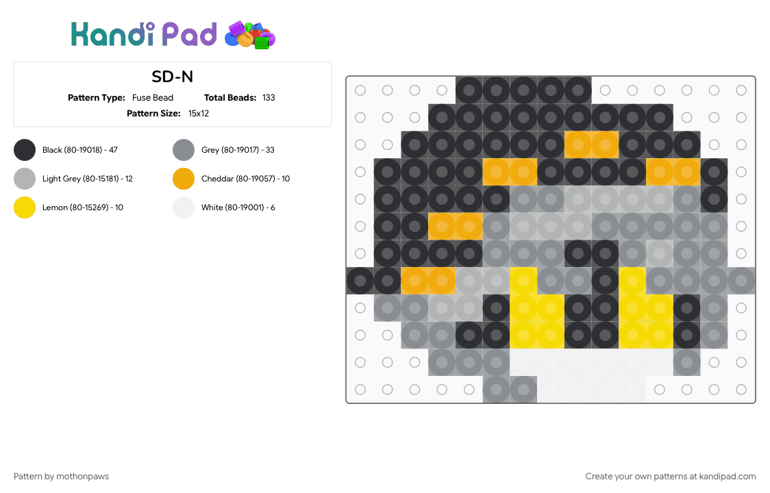 SD-N - Fuse Bead Pattern by mothonpaws on Kandi Pad - character, cute, glitch, gray, murder drones, n, sdn, yellow