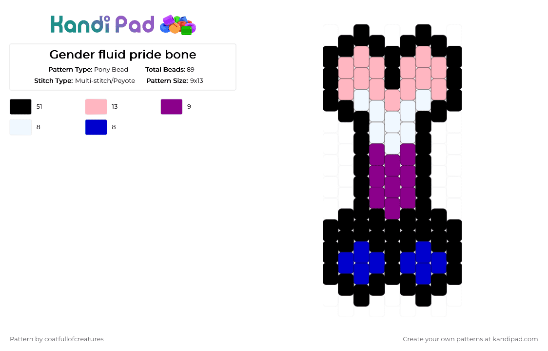 Gender fluid pride bone - Pony Bead Pattern by coatfullofcreatures on Kandi Pad - black,pink,purple
