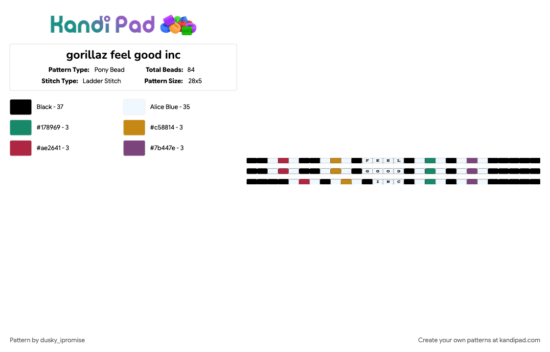 gorillaz feel good inc - Pony Bead Pattern by onyx_ipromise on Kandi Pad - band, colorful, demon days, gorillaz, music, orange, pink, white