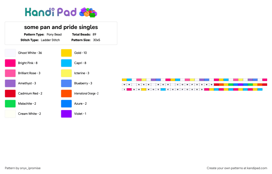 some pan and pride singles - Pony Bead Pattern by onyx_ipromise on Kandi Pad - light blue, pink, white, yellow