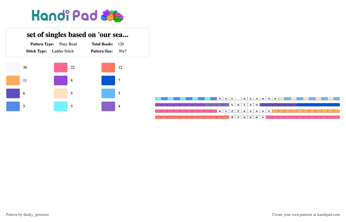 set of singles based on \'our season\' credits to @Starz_kandi - Pony Bead Pattern by onyx_ipromise on Kandi Pad - light blue, orange, pink, purple