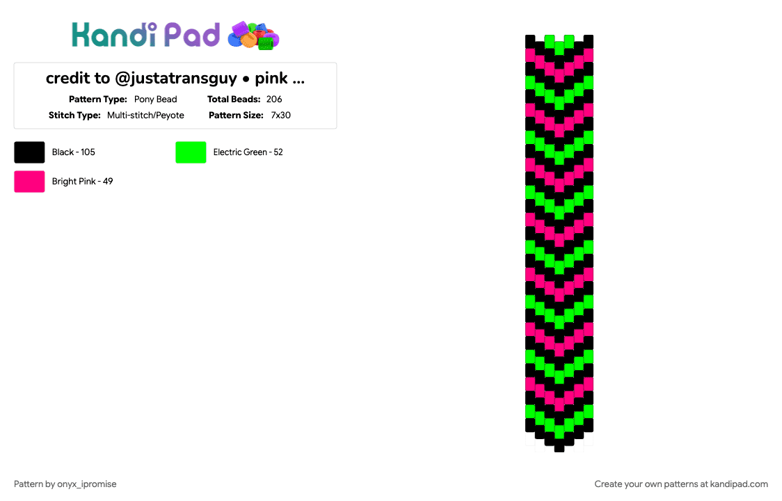credit to @justatransguy • pink and green chevron tie - Pony Bead Pattern by onyx_ipromise on Kandi Pad - black, green, pink, scenecore, tie