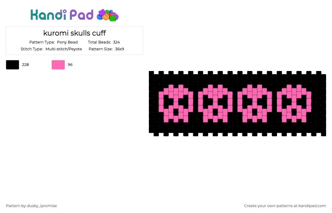 kuromi skulls cuff - Pony Bead Pattern by dusky_ipromise on Kandi Pad - black, pink