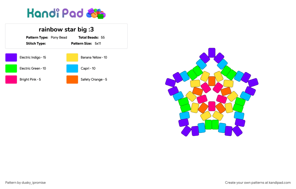rainbow star big :3 - Pony Bead Pattern by dusky_ipromise on Kandi Pad - green, light blue, purple, rainbow, star, yellow
