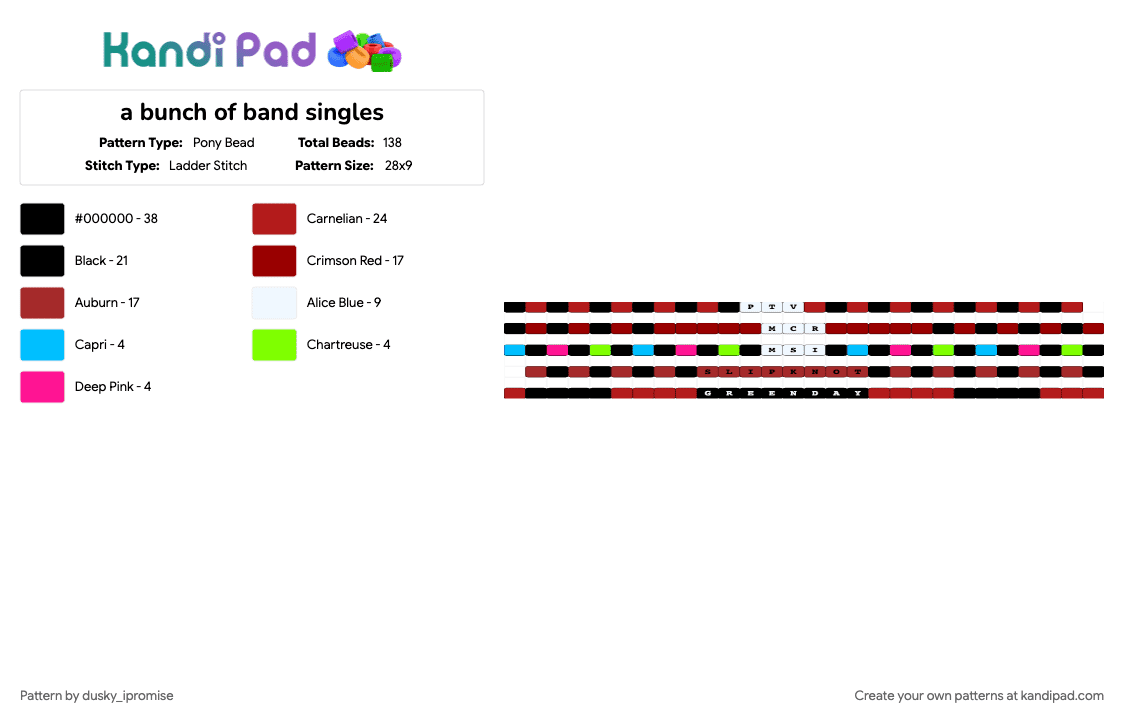 a bunch of band singles - Pony Bead Pattern by onyx_ipromise on Kandi Pad - red