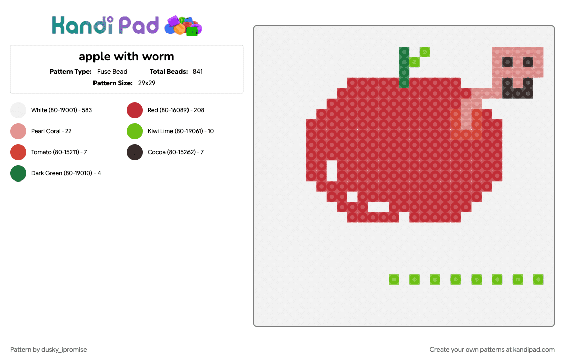 apple with worm - Fuse Bead Pattern by dusky_ipromise on Kandi Pad - red, white