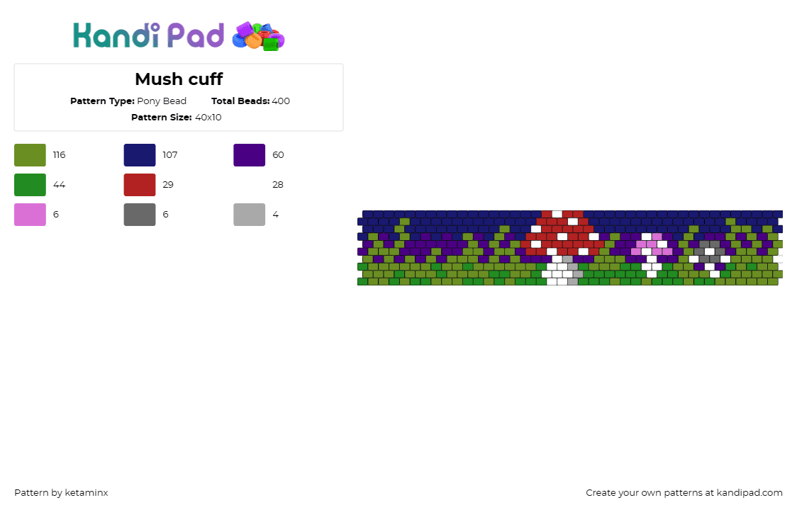 Mush cuff (OG version) - Pony Bead Pattern by ketaminx on Kandi Pad - mushrooms,grass,nature,landscape,night,cuff,blue,green,red