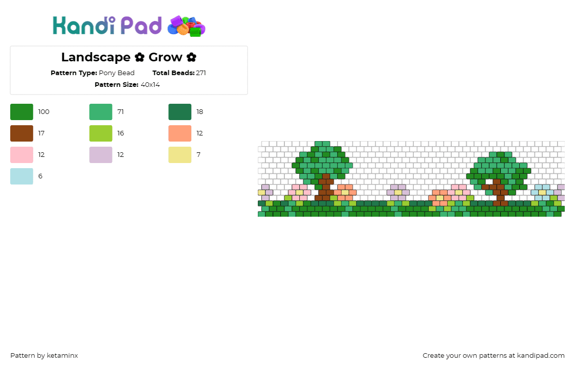 Landscape ✿ Grow ✿ (OG version) - Pony Bead Pattern by ketaminx on Kandi Pad - landscape,nature,trees,flowers,field,cuff,green