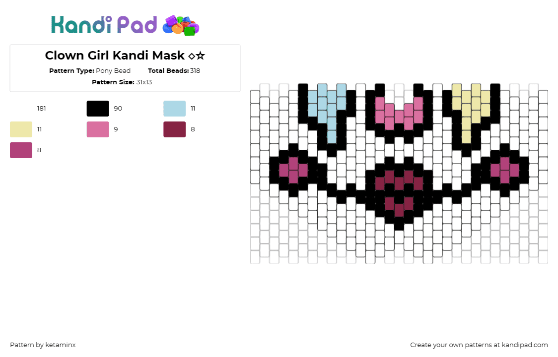 Clown Girl Kandi Mask ◇☆ (OG version) - Pony Bead Pattern by ketaminx on Kandi Pad - clown,makeup,mask,girl,lips,funny,cute,pink,white