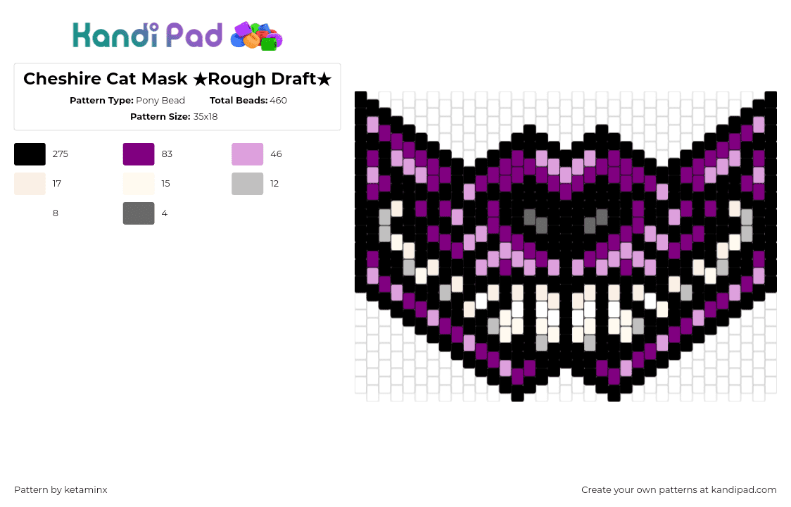 Cheshire Cat Mask ★Rough Draft★ - Pony Bead Pattern by ketaminx on Kandi Pad - cheshire cat,teeth,alice in wonderland,mask,smile,purple,white,black