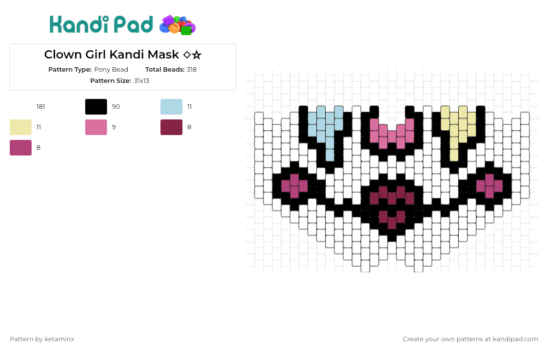 Clown Girl Kandi Mask ◇☆ - Pony Bead Pattern by ketaminx on Kandi Pad - clown,makeup,mask,girl,lips,funny,cute,pink,white