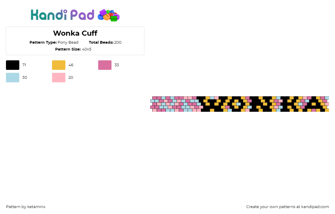 Wonka Cuff (OG version) - Pony Bead Pattern by ketaminx on Kandi Pad - willy wonka,text,graffiti,bracelet,cuff,movie,story,pink,black,orange