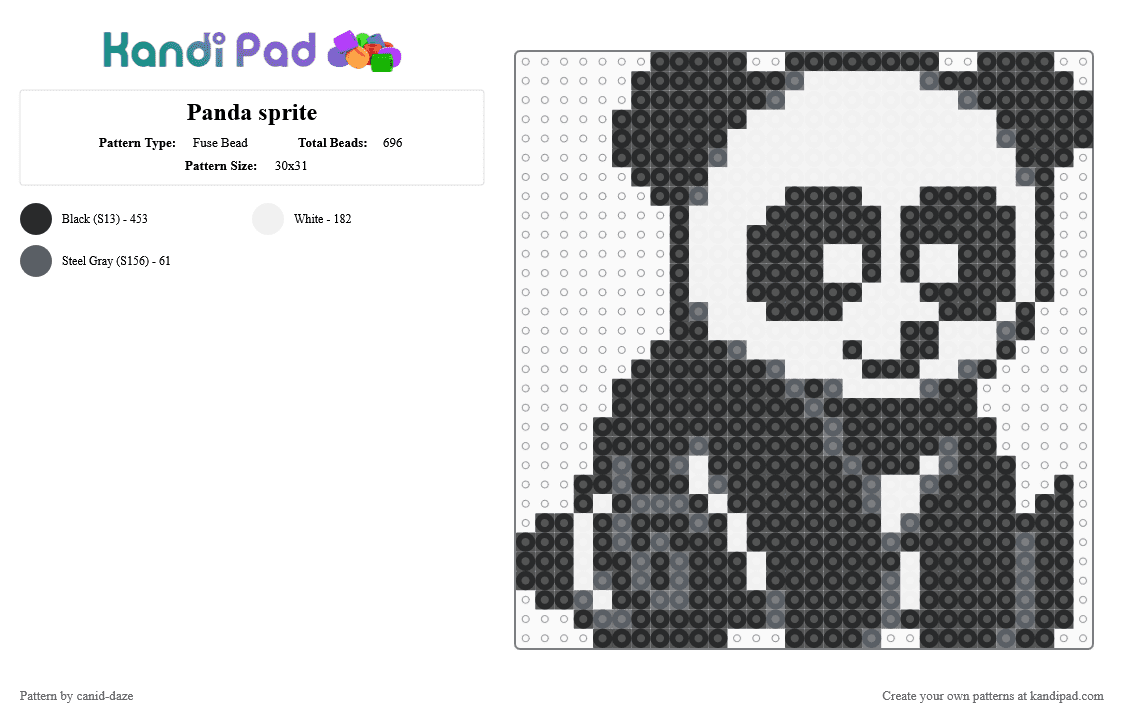 Panda sprite - Fuse Bead Pattern by canid-daze on Kandi Pad - black,white,panda,bear,animal,cute,gameboy color,sprite