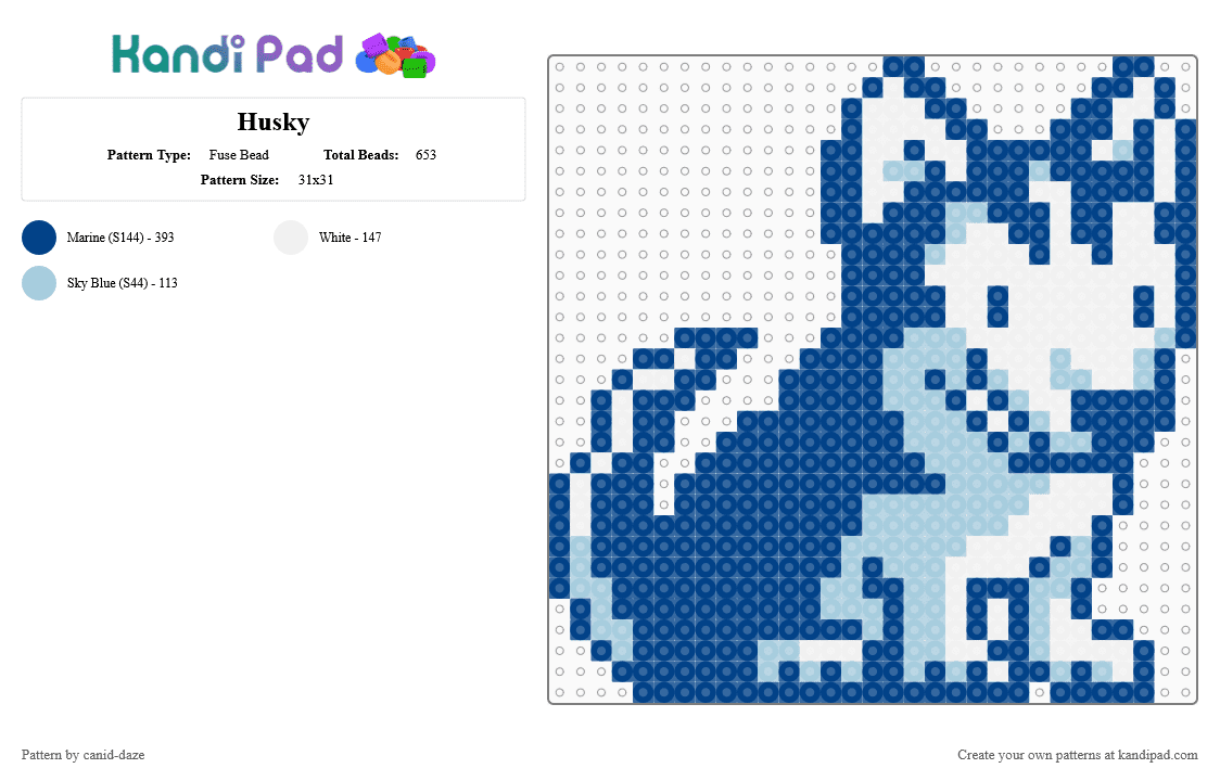 Husky sprite - Fuse Bead Pattern by canid-daze on Kandi Pad - blue,husky,dog,sprite,gameboy color,animal,puppy,white