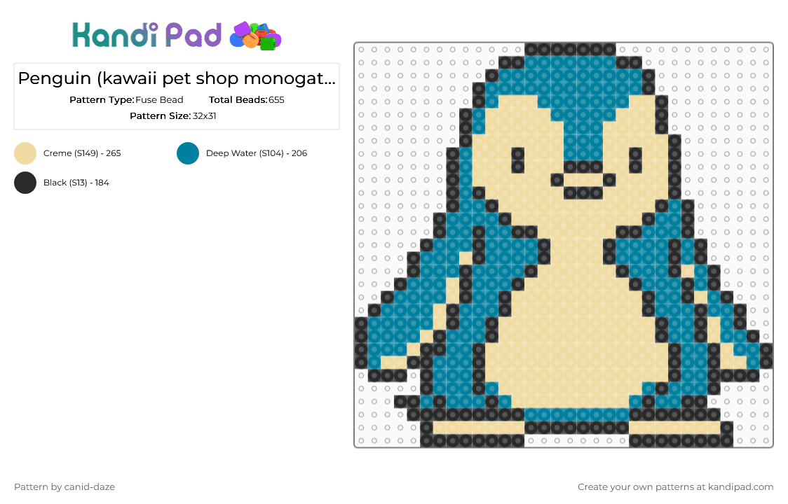 Penguin sprite - Fuse Bead Pattern by canid-daze on Kandi Pad - beige,teal,penguin,animal,gameboy color,sprite,blue,cream
