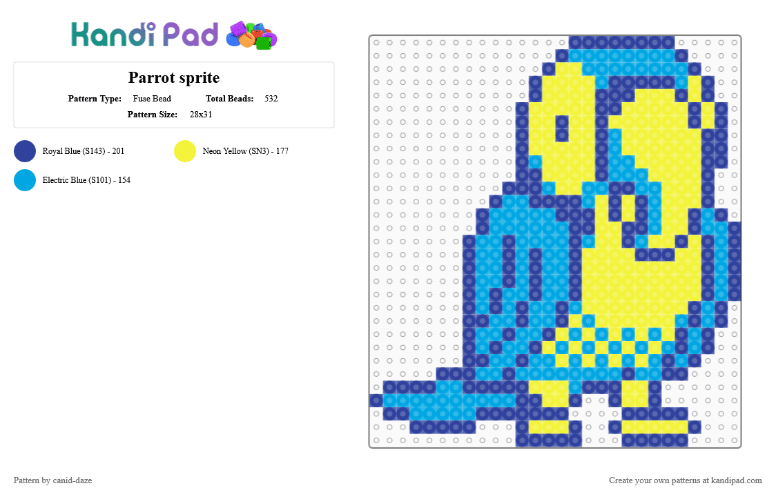 Parrot sprite - Fuse Bead Pattern by canid-daze on Kandi Pad - purple,yellow,parrot,bird,blue,sprite,gameboy color,cute,animal