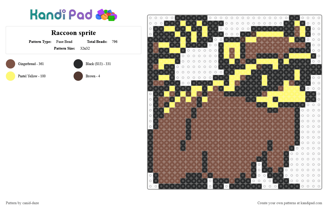 Raccoon sprite - Fuse Bead Pattern by canid-daze on Kandi Pad - tan,raccoon,brown,yellow,black,animal,sprite,gameboy color